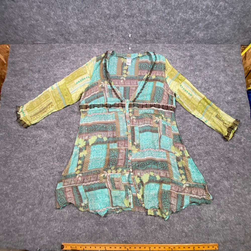 Alain Weiz Silk Tunic Top Womens 16 Patchwork Print Turquoise Green Boho V-Neck